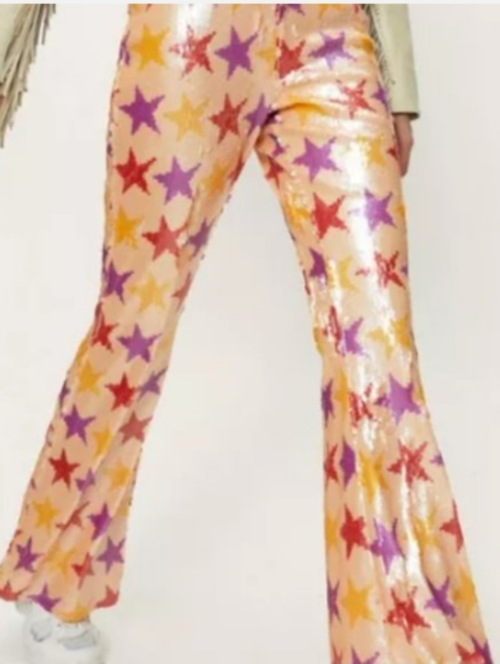Nasty Gal Fully Sequined Peach Purple Red Star Flare Pants - Size 12/Large